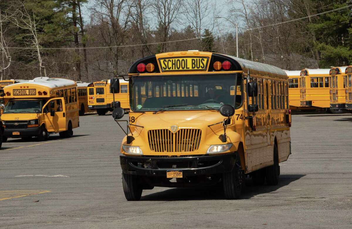 A school bus and a car collided Tuesday morning in Hartford, police say. No schoolchildren were injured. (Lori Van Buren/Times Union)