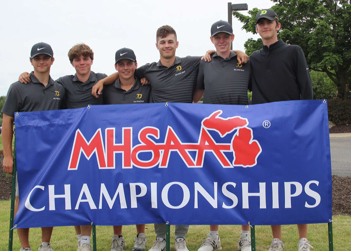 Members of Dow High's boys' golf team pose during the Division 1 state final at Katke Golf Course in Big Rapids on Saturday, June 11, 2022. Representing the Chargers were (from left) Caden Chritz, Cesar Cunaud, Carson Everett, Nathan Cleghorn, Jacob O'Connor, and Aiden Tanis.