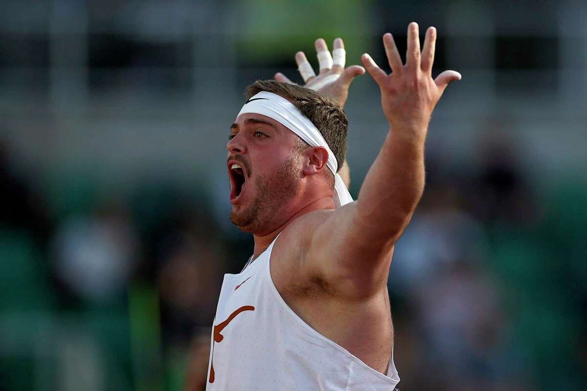 EUGENE, OREGON - JUNE 08: Adrian Piperi of Texas reacts in the shot put during the Division I Men's and Women's Outdoor Track & Field Championships at Hayward Field on June 08, 2022 in Eugene, Oregon. (Photo by Steph Chambers/Getty Images)