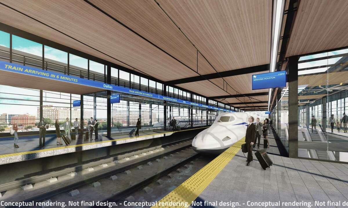 A rendering shows a proposed appearance of the Dallas station of Texas Central's planned high-speed train line from Houston to Dallas.