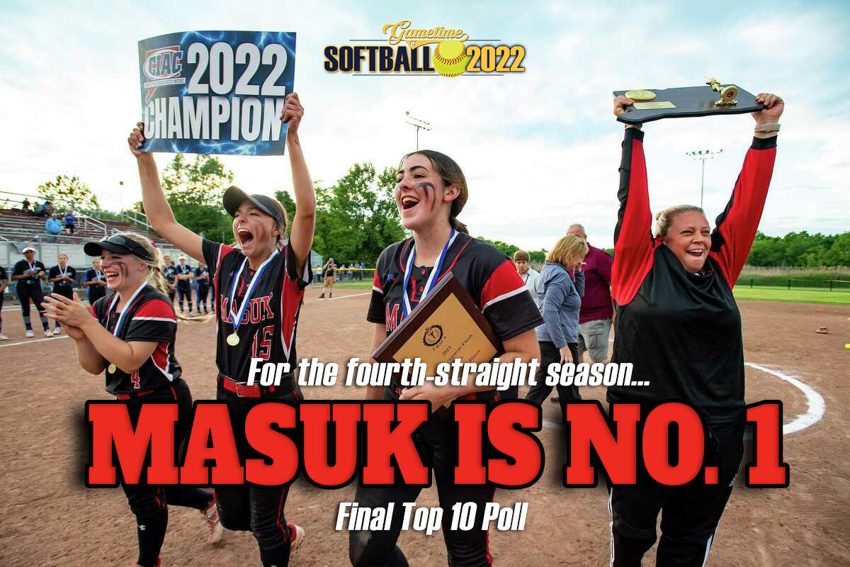 Masuk's Sarah Falcone, Emma West-Testo, Kat Gallant and coach Leigh Barone celebrate their fourth-straight Class L softball championship Saturday, June 11 at DeLuca Field in Stratford.