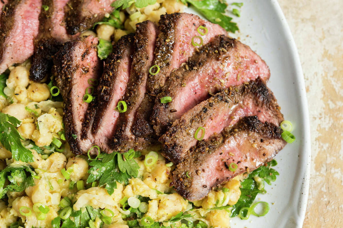 Spice-Crusted Steak with a side of partially mashed chickpeas makes an easy but satisfying Father's Day meal.