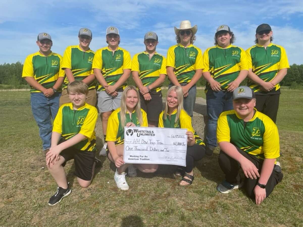 The Dow High trap shooting team recently received a $1,000 donation from Whitetails Unlimited. Team members are (front row, from left) Kaden Koscielski, Alex Little, Paige McRoberts, Luke Gracer; (back row, from left) Connor Lutz, Carson May, Cole Bailey, Marco D'Alessandro, Carson DeJongh, Jacob Chisholm, Greg Farnum. Not pictured is Noah Kesler.