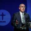 Bart Barber, one of two front-runners for Southern Baptist Convention President, speaks about a motion during the 2022 SBC Annual Meeting on Tuesday, June 14, 2022, at the Anaheim Convention Center in Anaheim.