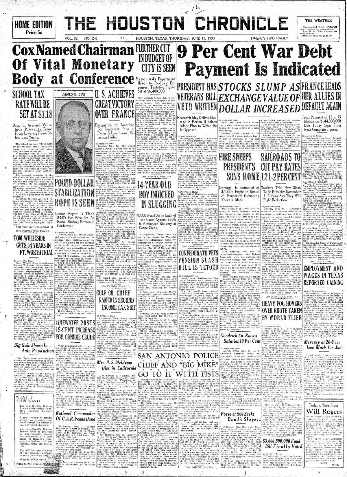 Houston Chronicle front page for June 15, 1933.