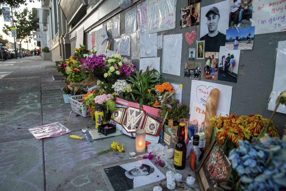 A memorial is constructed on the sidewalk for Andrew Zieman, the 30 year-old paraeducator who was killed in a crash at the intersection of Franklin and Union streets next to Sherman Elementary School in Cow Hollow where he worked. A new proposal would mandate a public hearing for every traffic fatality in San Francisco.