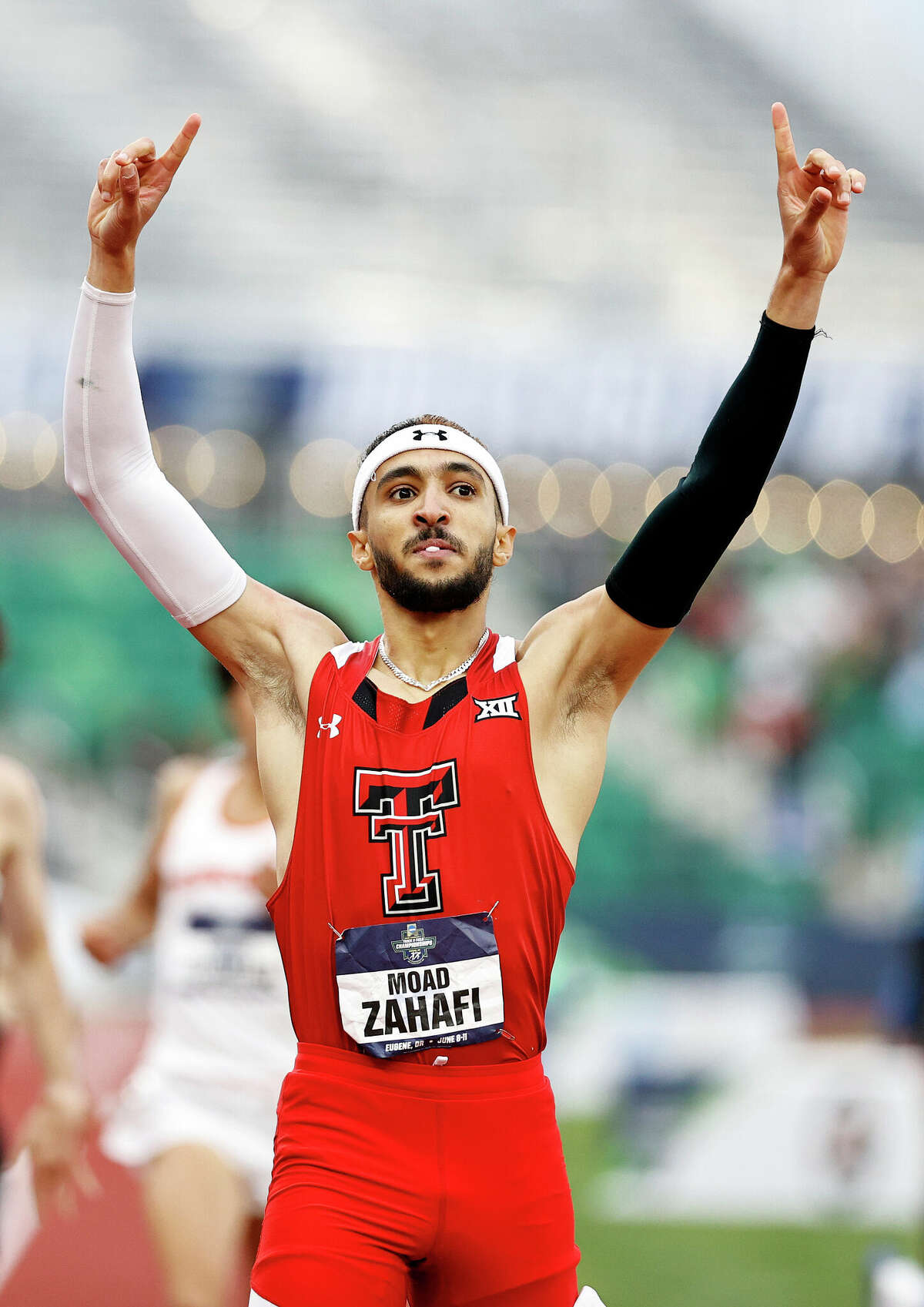 EUGENE, OREGON - JUNE 10: Moad Zahafi of Texas Tech reacts after winning the 800 meter final during the NCAA Division I Men's and Women's Outdoor Track & Field Championships at Hayward Field on June 10, 2022 in Eugene, Oregon. (Photo by Steph Chambers/Getty Images)