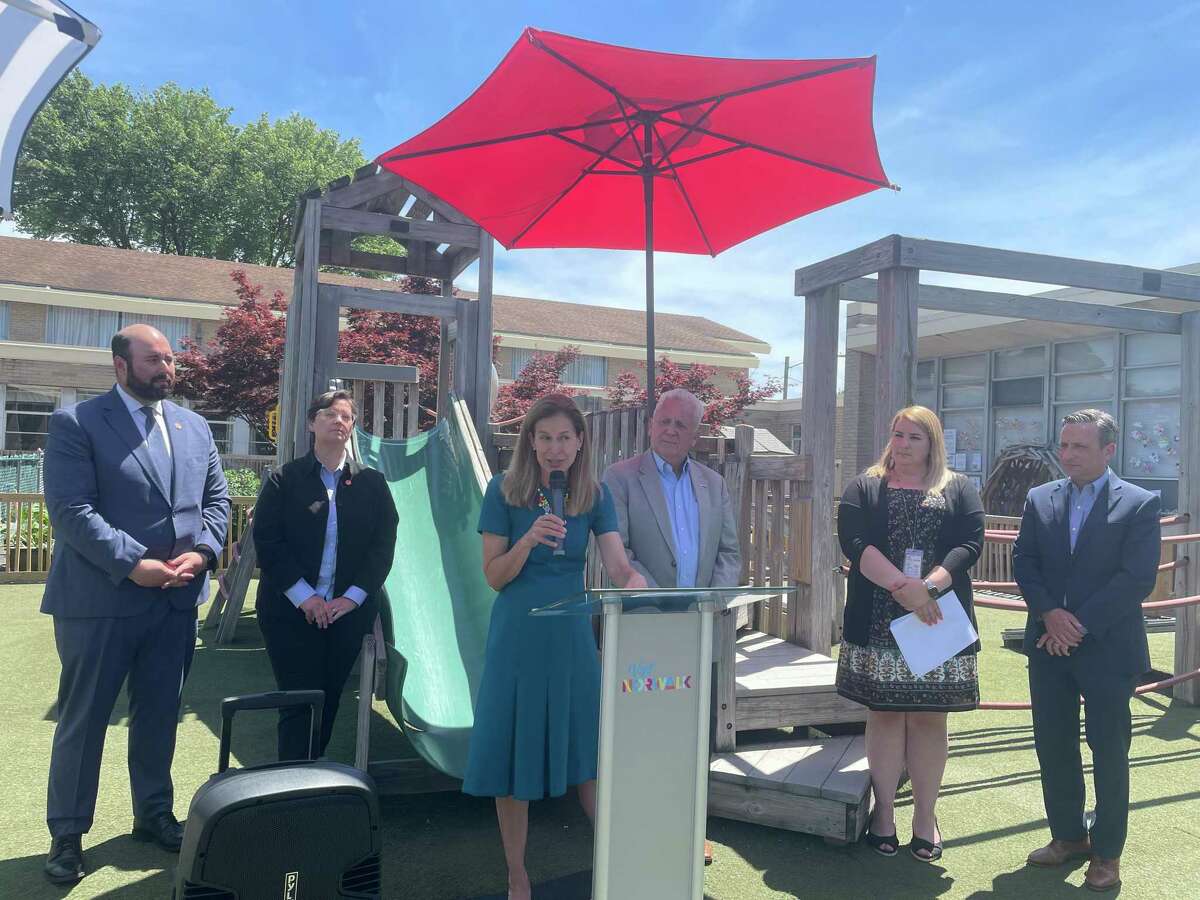 Lt. Gov. Susan Bysiewicz joins State Sen. Bob Duff, Norwalk Mayor Harry Rilling and two Common Council members at Room to Grow preschool to promote the child tax rebate on Tuesday, June 14, 2022.