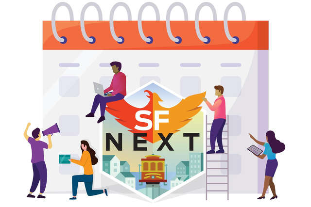 SF Next calendar logo depicts a diverse group of people interacting with a billboard-sized calendar