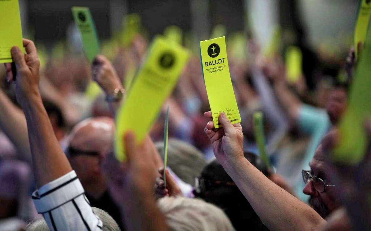 Southern Baptists vote on a motion during the 2022 SBC Annual Meeting on Tuesday, June 14, 2022, at the Anaheim Convention Center in Anaheim, Calif.