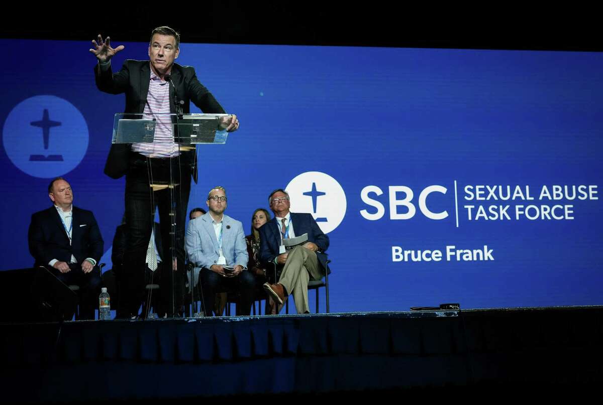 Bruce Frank, who leads the sexual abuse task force, speaks with a messenger about proposed reforms aiming to combat sexual abuse during the 2022 SBC Annual Meeting on Tuesday, June 14, 2022, at the Anaheim Convention Center in Anaheim.