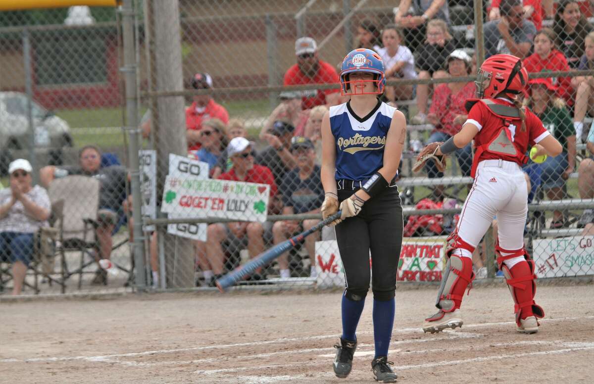 Onekama's Hailey Hart looks back at coach Rob Johnson after a called strike during state quarterfinals on June 14 in Cadillac. 