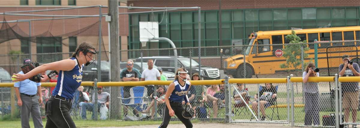 Onekama senior Sophie Wisinski winds up to hul a pitch during state quarterfinals on June 14 in Cadillac. 
