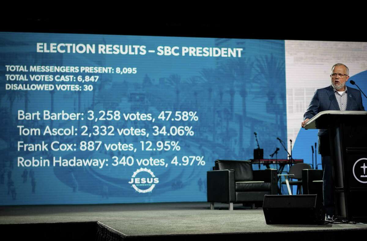 Southern Baptist Convention President Ed Litton announces a runoff election between Bart Barber and Tom Ascol for SBC president during the 2022 SBC Annual Meeting on Tuesday, June 14, 2022, at the Anaheim Convention Center in Anaheim.