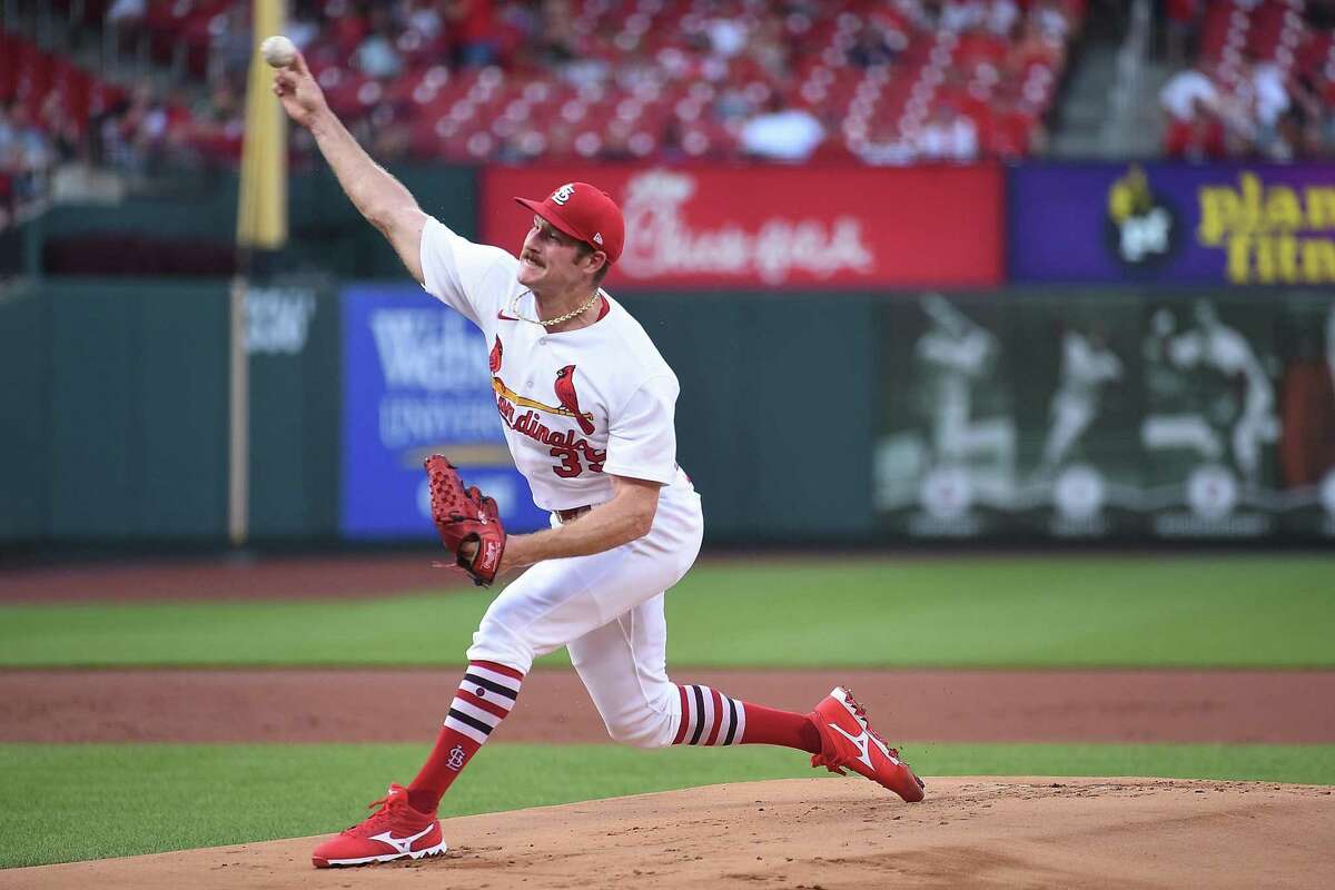 ST LOUIS, MO - JUNE 14: Miles Mikolas #39 of the St. Louis Cardinals pitches against the Pittsburgh Pirates in the first inning during the second game of a doubleheader at Busch Stadium on June 14, 2022 in St Louis, Missouri. (Photo by Joe Puetz/Getty Images)