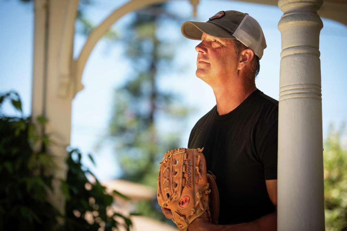 Former Oakland A?•s pitcher, Tim Kubinski, outside his home, in San Luis Obispo, Ca.