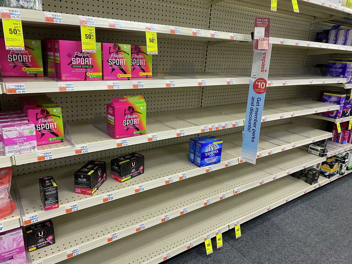 Shelves at a CVS in Norwalk show the impact of a tampon shortage on Wednesday, June 15, 2022.