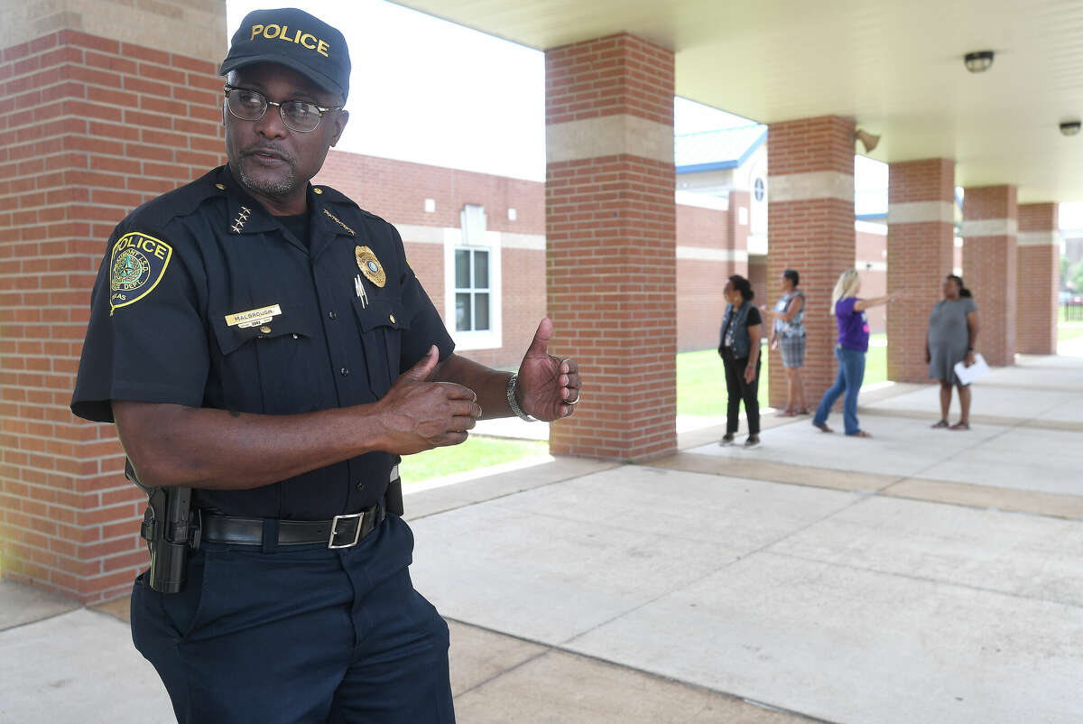Beaumont ISD Police Chief Joseph Malbrough talks about the safety measures in place at schools after making a stop at Amelia Elementary. Photo made Wednesday, June 15, 2022. Kim Brent/The Enterprise