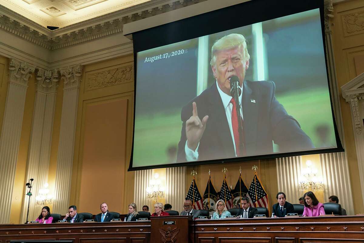 A video of former President Donald Trump is displayed on a screen during a House Select Committee to Investigate the Jan. 6 hearing in the Cannon House Office Building on Monday, June 13, 2022, in Washington, DC. (Kent Nishimura/Los Angeles Times/TNS)