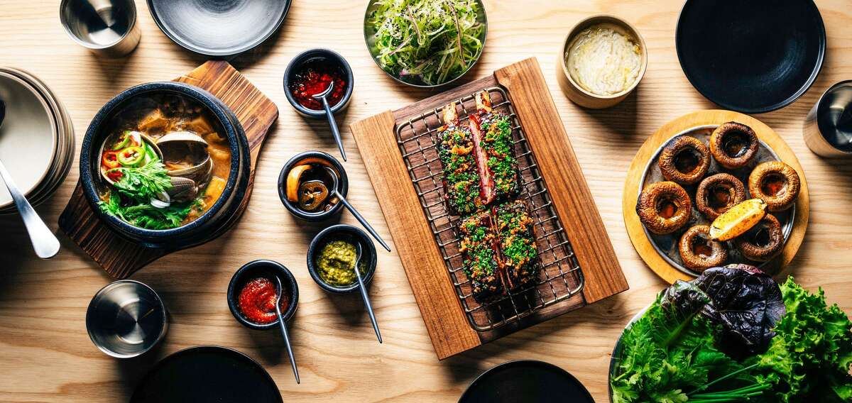 San Ho Won's colorful spread, which includes Chunjang glazed pork ribs and western mushrooms.