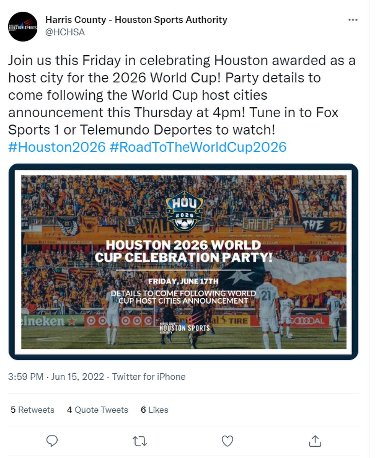 In a since-deleted tweet, the Harris County-Houston Sports Authority tweeted out plans for a World Cup celebration party.