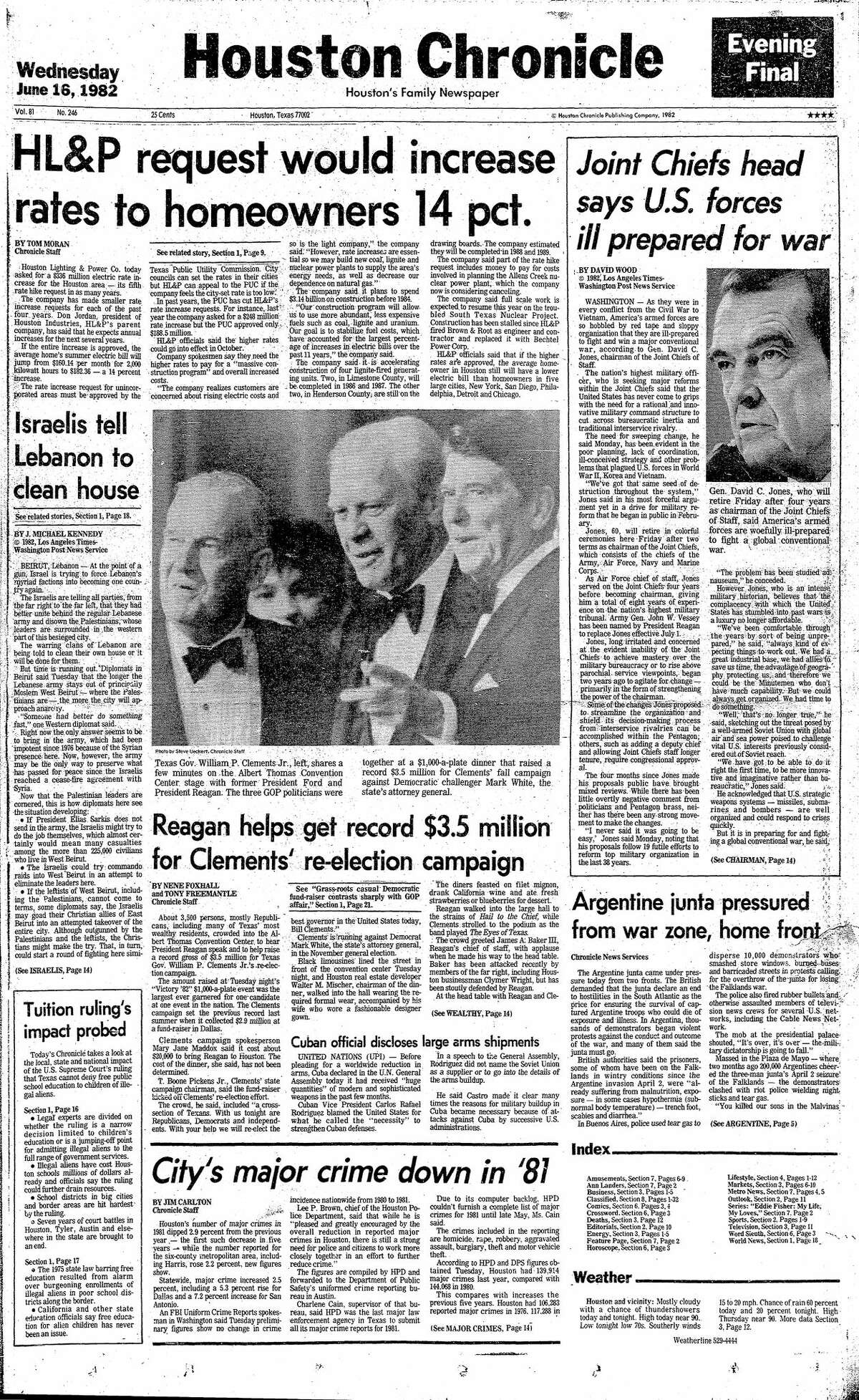 Houston Chronicle front page for June 16, 1982.