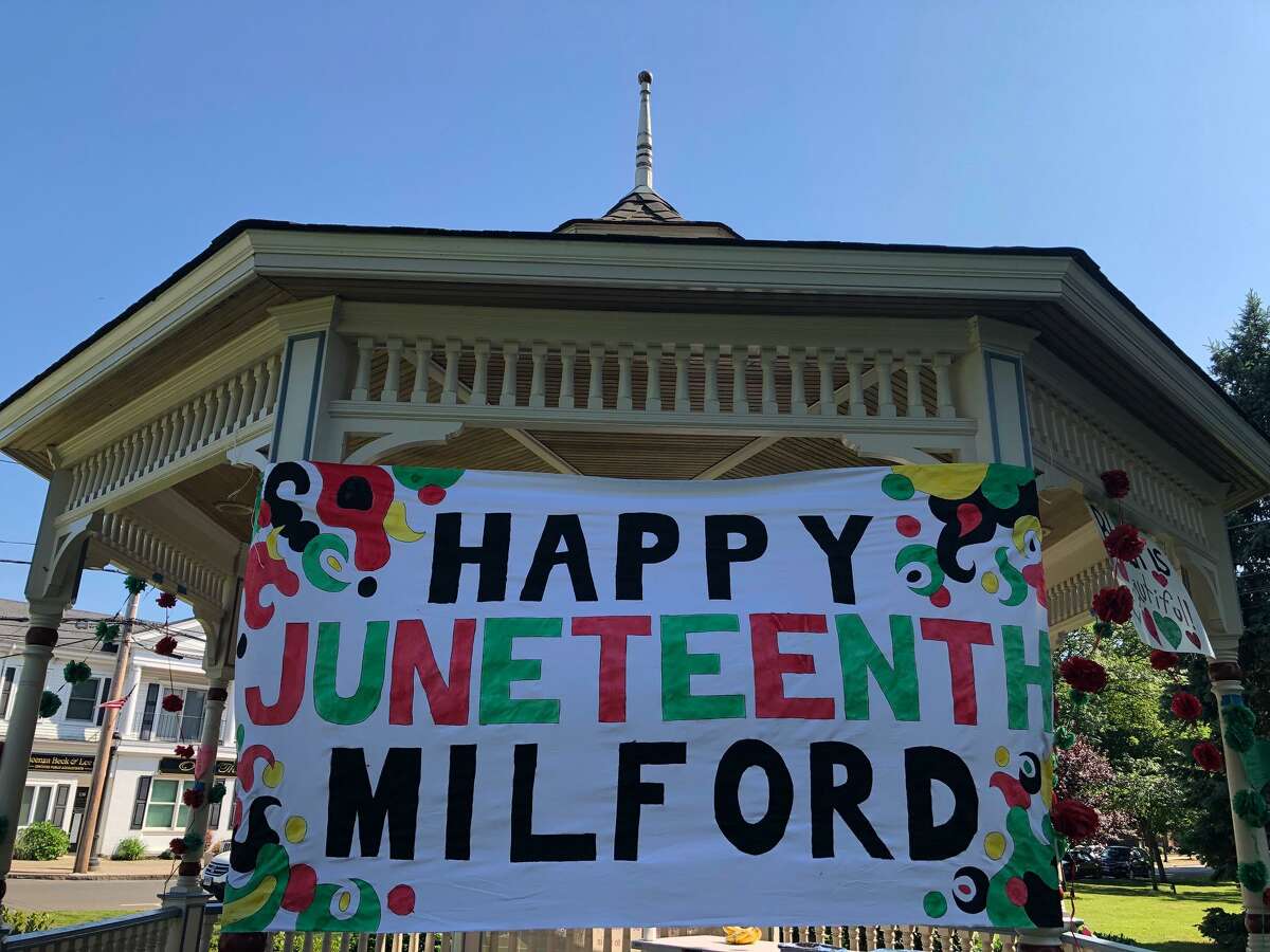 Milford’s 2022 Juneteenth celebration starts at 10 a.m. and runs through 4 p.m. Pictured is the Milford gazebo decorated for observance of Juneteenth on Friday, June 29, 2020.