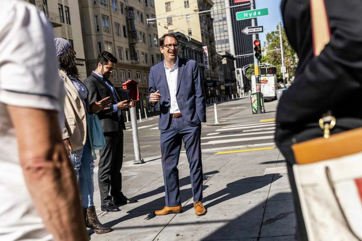 San Francisco Supervisor Dean Preston at the corner of Turk and Hyde streets during a May 4 walk with community advocates in the Tenderloin neighborhood.