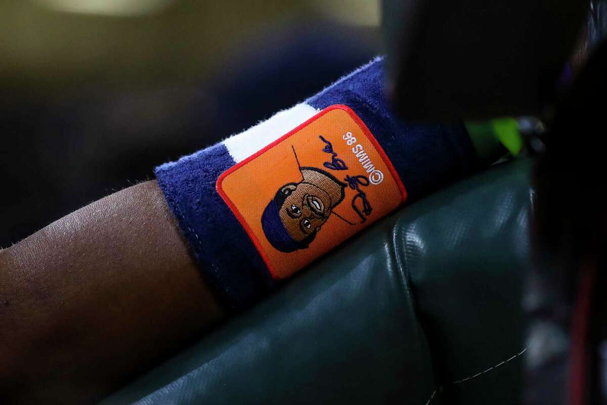 Astros manager Dusty Baker sports one of his signature wristbands during Game 2 of the 2021 World Series at Minute Maid Park.