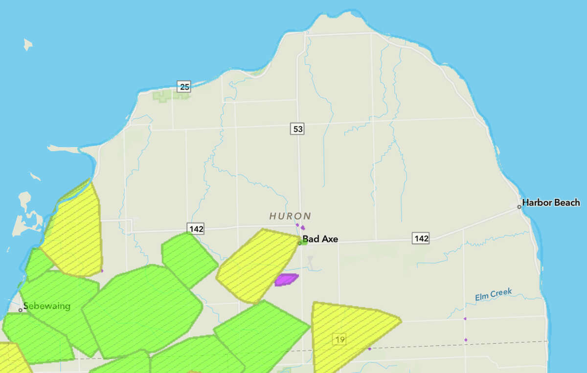 DTE's power outage map for Huron County as of 8:30 a.m. on Thursday. DTE estimated that most of these areas will have their power restored by 2:30 p.m.