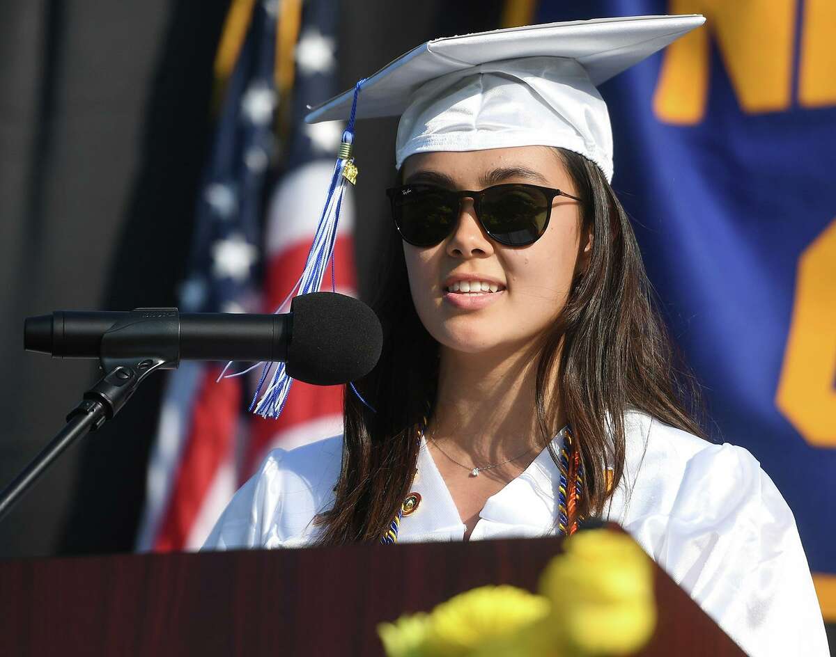 Valedictorian Cate Fischer delivers her address at the Newtown High School Graduation in Newtown, Conn. on Wednesday, June 15, 2022.