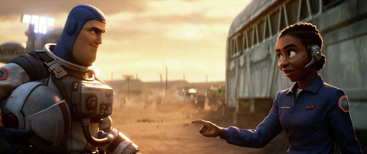Buzz Lightyear (voiced by Chris Evans) and Alisha Hawthorne (voiced by Uzo Aduba) in the Pixar movie "Lightyear." (Pixar/TNS)