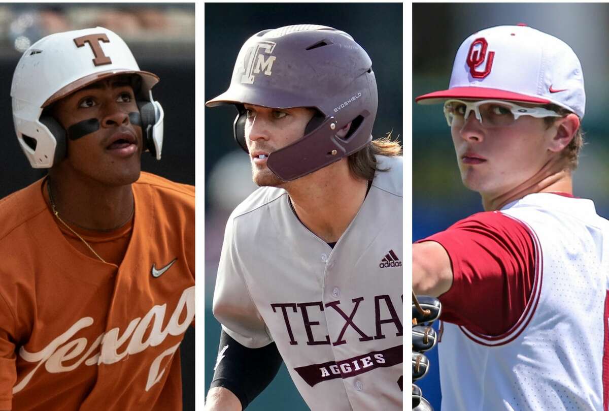 Texas' Trey Faltine (left), Texas A&M's Dylan Rock (center) and Oklahoma's John Spikerman are just three of the former Houston area high school baseball stars who will be playing in the 2022 College World Series in Omaha, Nebraska.