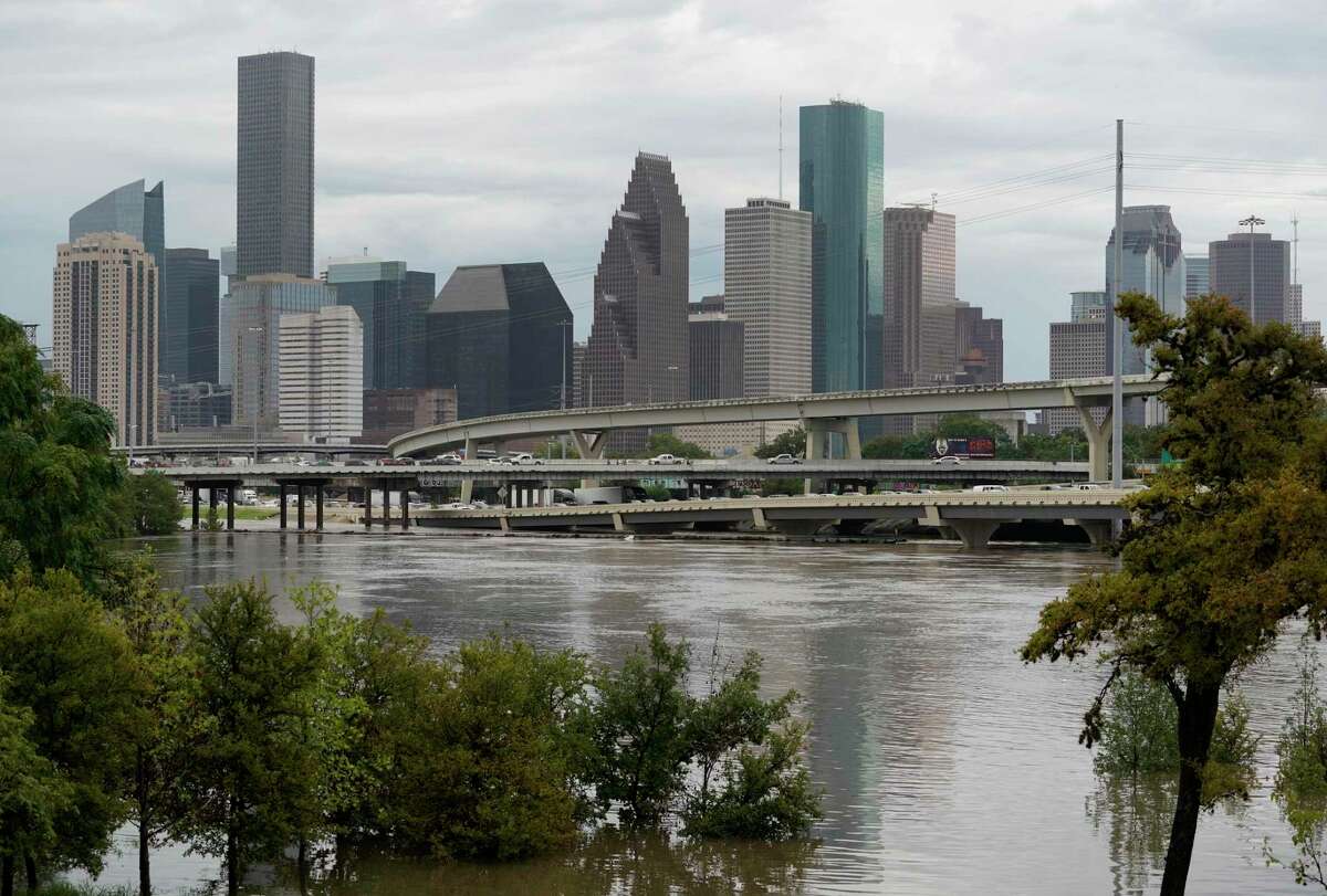 A view of flooding on White Oak Bayou along I-10 and I-45 near Quitman Thursday, Sept. 19, 2019, in Houston.