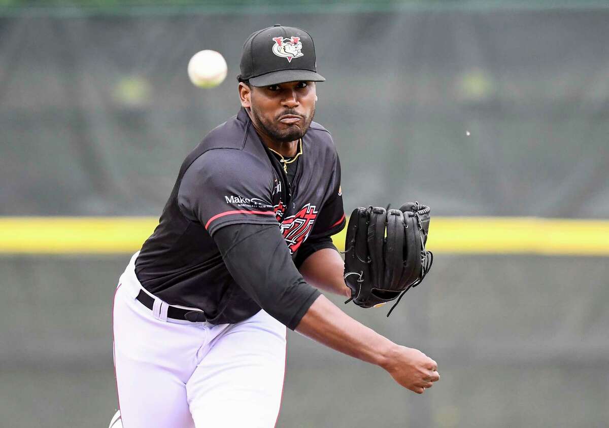 Tri-City ValleyCats' Kumar Rocker (32) pitches against the New Jersey Jackals during a minor league baseball game Thursday, June 16, 2022, in Troy, N.Y.