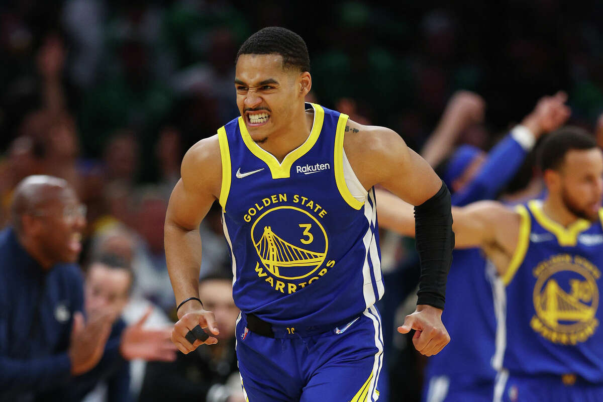 Jordan Poole #3 of the Golden State Warriors celebrates a three pointer against the Boston Celtics during the second quarter in Game Six of the 2022 NBA Finals at TD Garden on June 16, 2022 in Boston, Massachusetts. N