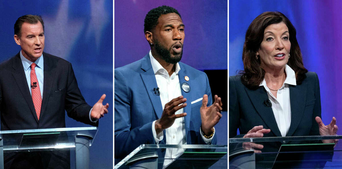 Congressman Tom Suozzi, D-N.Y., left,  New York Public Advocate Jumaane Williams, center, and New York Gov. Kathy Hochul face off during a New York governor primary debate Thursday, June 16, 2022, at the studios of WNBC4-TV in New York.