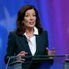 New York Gov. Kathy Hochul speaks as she faces off with New York Public Advocate Jumaane Williams and Rep. Tom Suozzi, D-N.Y., during a New York governor primary debate at the studios of WNBC4-TV, Thursday, June, 16, 2022, in New York. (Craig Ruttle/Newsday via AP, Pool)