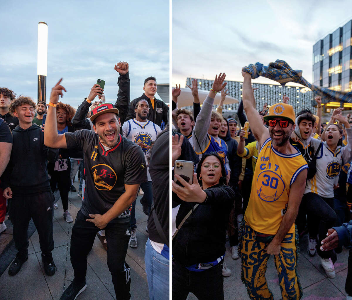 Fans celebrate outside the Chase Center shortly after the Warriors won the NBA finals, on Thursday June 16, 2022, in San Francisco.