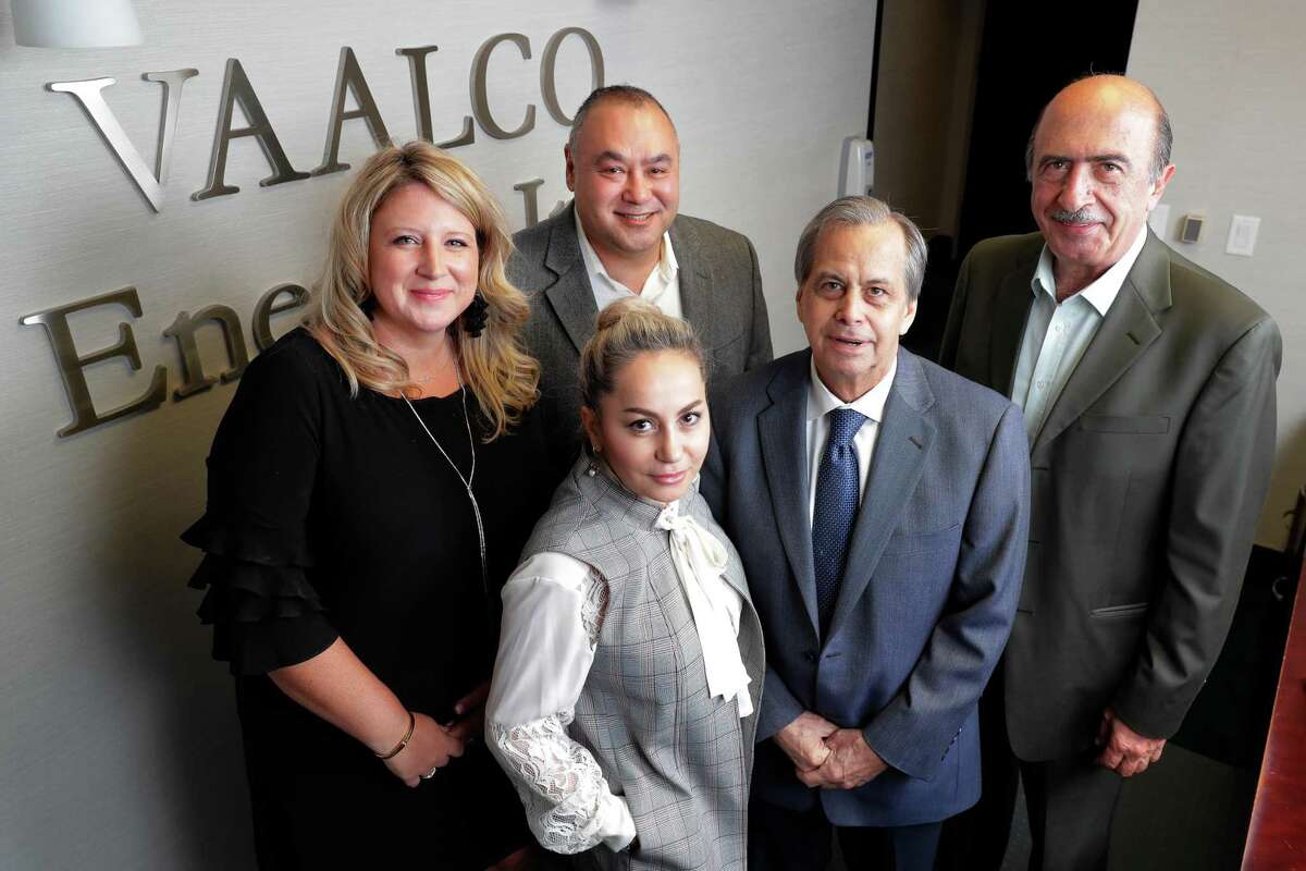 Executives with VAALCO Energy (from left) Julie Ray, VP of Treasury; Lilit Kirsh, VP of human resources and administration; Jason Doornik, Controller; Dave DeAutels, executive VP of Development; and Toufic Nassif ,VP of government corporate affairs, at their corporate offices Tuesday, May 24, 2022 in Houston, TX.