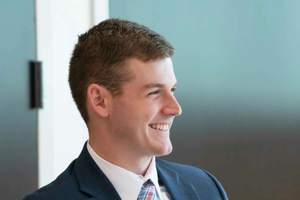 Ryan Eagan a Pioneer Bank summer intern in the insurance department, talks about being in the program during an interview at Pioneer's headquarters on Wednesday, June 15, 2022, in Colonie, N.Y. (Paul Buckowski/Times Union)