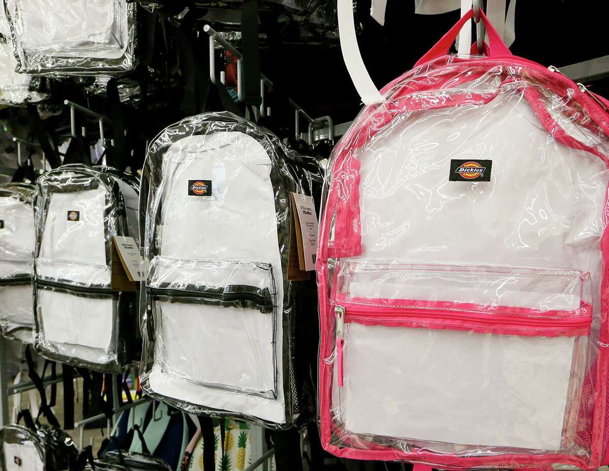 Clear backpacks are among the school supplies Cy-Fair Helping Hands is seeking for their back-to-school event in August. Shown here, clear backpacks for sale at an OfficeMax in 2018.