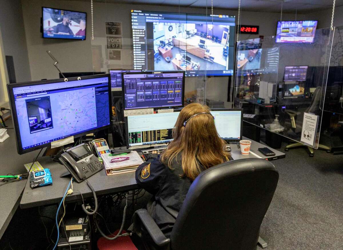 Communications officer Hilda Sagor in the Northside ISD police dispatch center. The district is San Antonio’s largest. Its 103 police officers patrol 125 campuses.