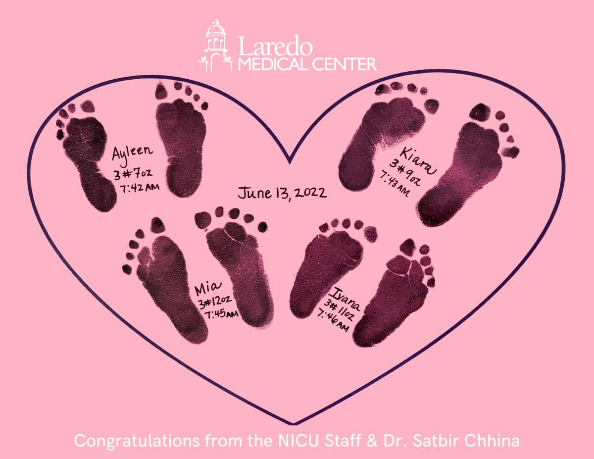 Laredo Medical Center delivered and welcomed their first set of quadruplets on Monday, June 14, 2022. The occassion was commemorated with a photo of the childrens feet.