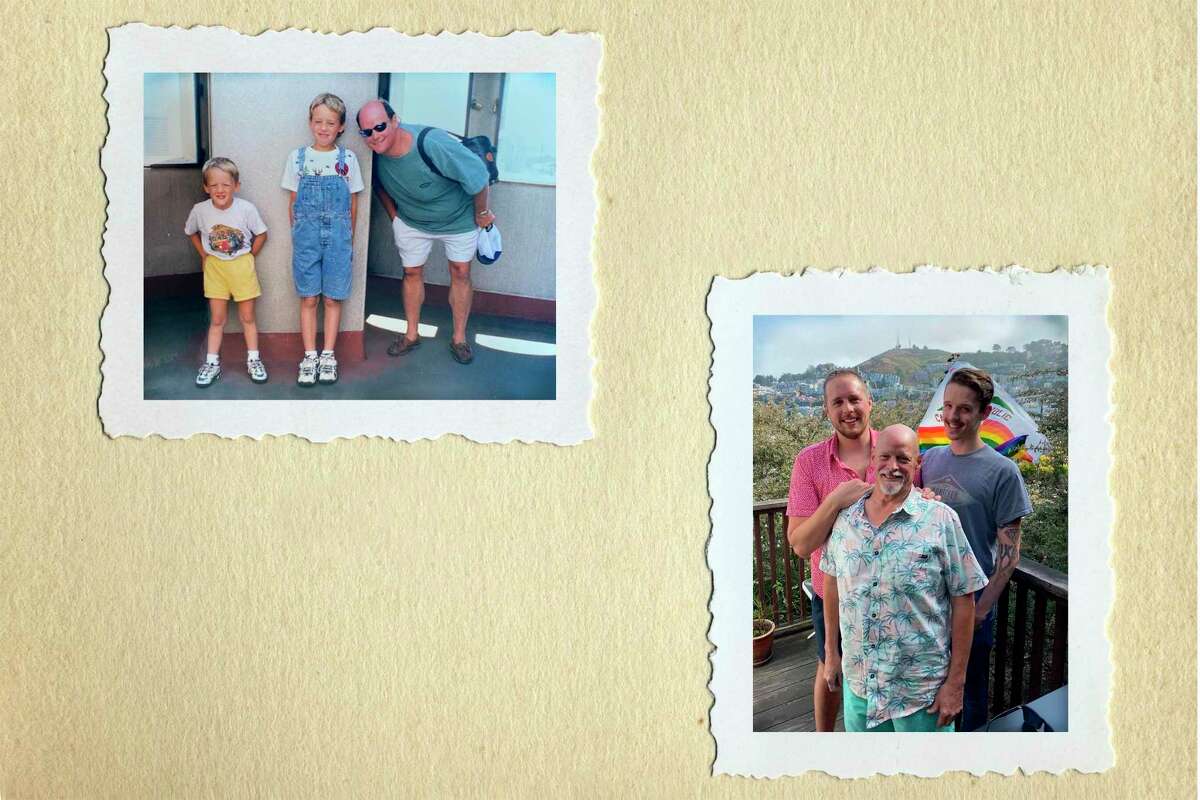 Top left: J.D. Morris (left), brother Alex and father Davyd at Coit Tower in San Francisco in the 1990s. Top right: Davyd Morris and his sons, Alex and J.D., in Corona Heights in 2020.