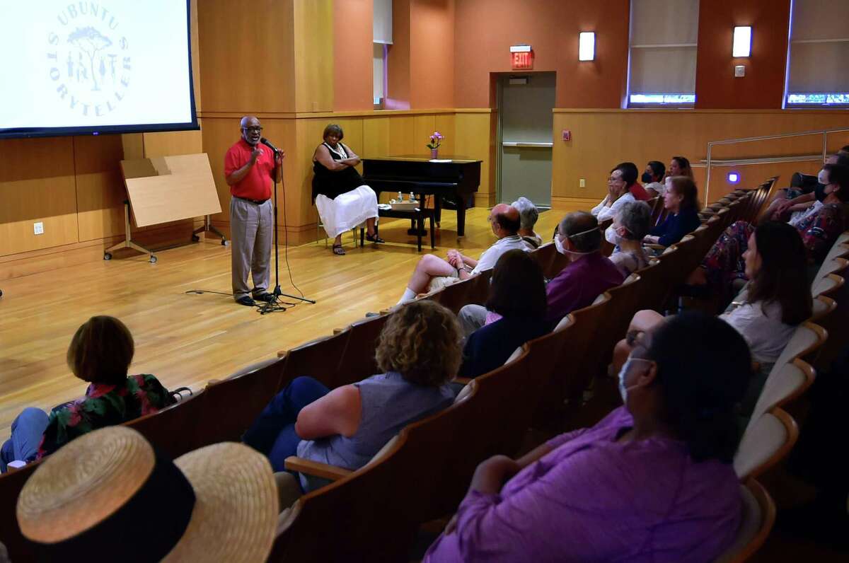 Laconia Therrio, member of The Ubuntu Storytellers, tells her story titled, "Grandma Ruth and Blackie" at the group event "Victory and Jubilation: Stories of Liberation Despite..." to celebrate Juneteenth at the Darien Library Community Hall in Darien, Connecticut on Wednesday, June 15, 2022. Ubuntu Storytellers are a diverse group of black, brown, and mixed-race professional storytellers. They will share stories of triumph and jubilation and their experiences with discrimination, racism and microaggressions.