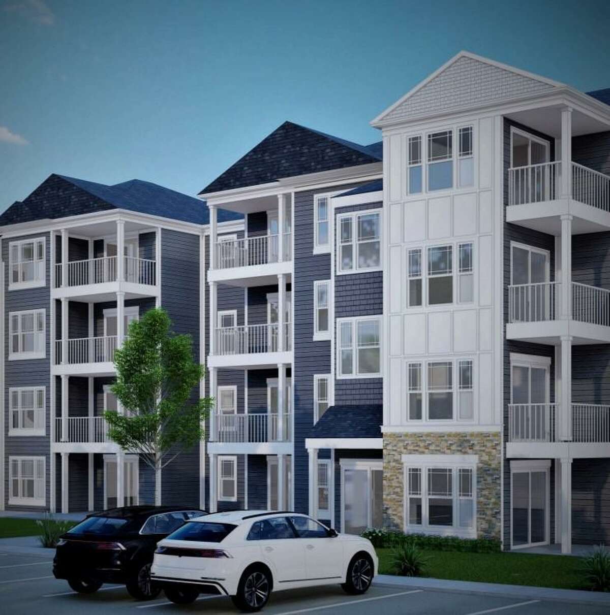 A rendering of the proposed apartment building on Bridgeport Avenue in Shelton at the current site of Langanke’s Florist.