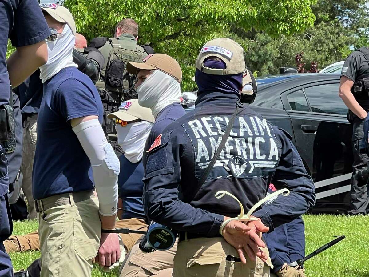 Authorities arrest members of the white supremacist group Patriot Front near an Idaho pride event June 11. They were found packed into the back of a U-Haul truck with riot gear.
