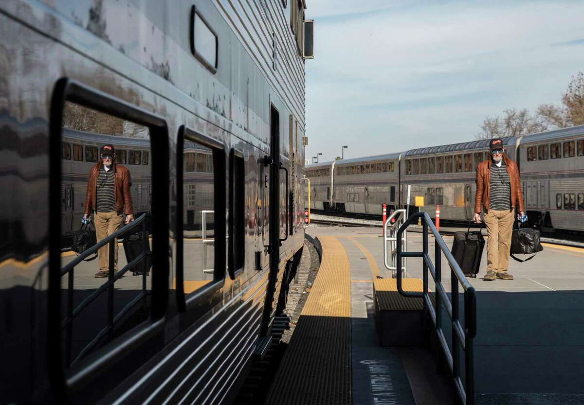A Caltrain train stops at Diridon Station in downtown San Jose, which could become a rail transportation hub for the state.