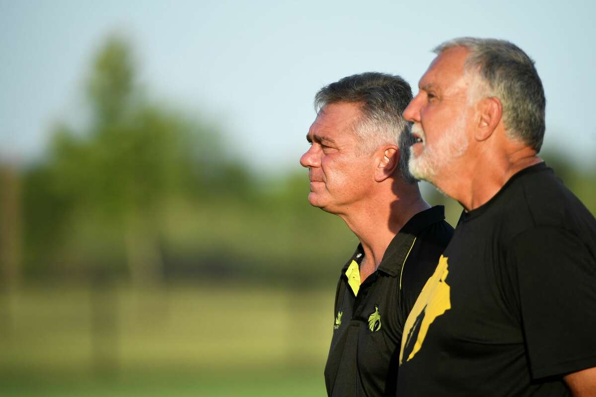 Houston Sabercats director of rugby Heyneke Meyer, left, and head coach Pote Human are back to open the season on Saturday.